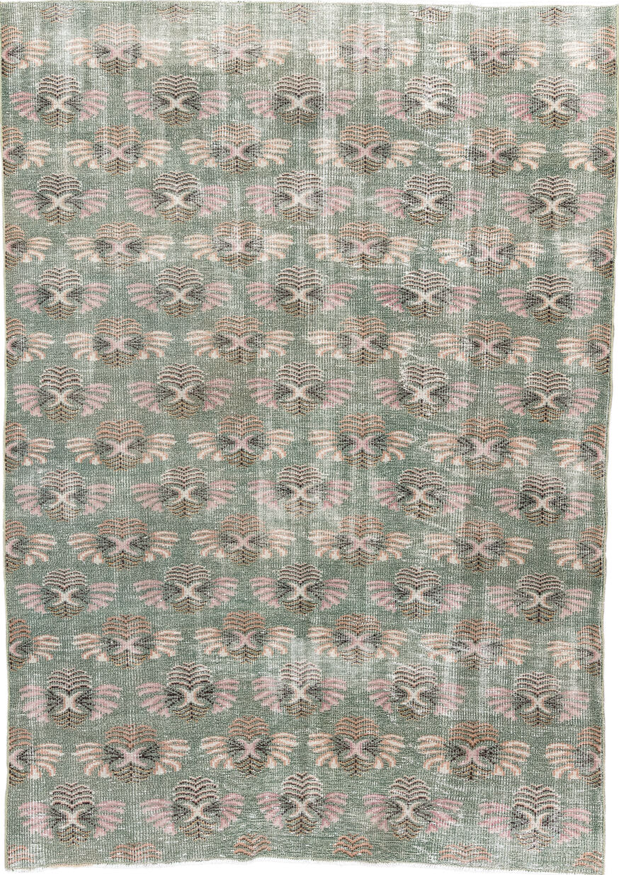 6' x 8' one-of-a-kind handmade vintage Sparta medium size rug. Color palette: gray, off-white, light gray, pink, brown