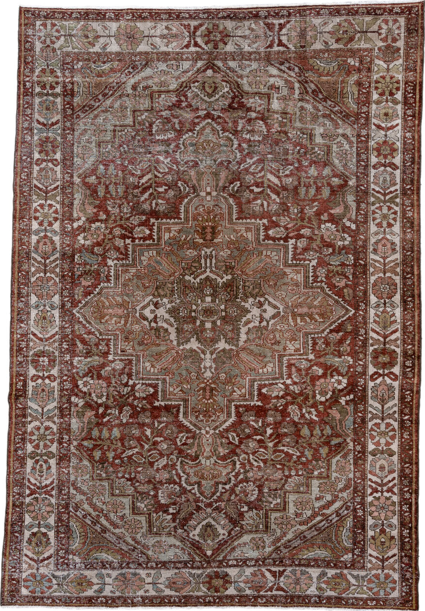 7' x 10' one-of-a-kind handmade vintage Baktiary large size rug. Color palette: brown, dim gray, gainsboro, gray, light gray