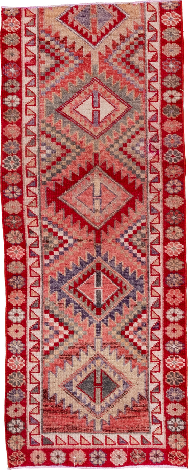 2' x 6' one-of-a-kind handmade vintage Oushak runner rug. Color palette: brown, gray, light gray, pink, red