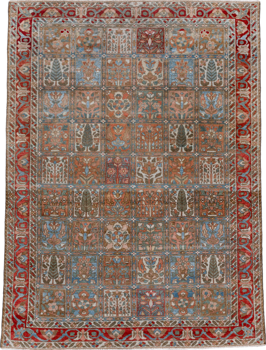 4' x 6' one-of-a-kind handmade vintage Baktiary small size rug. Color palette: blue, brown, dark gray, gainsboro, gray
