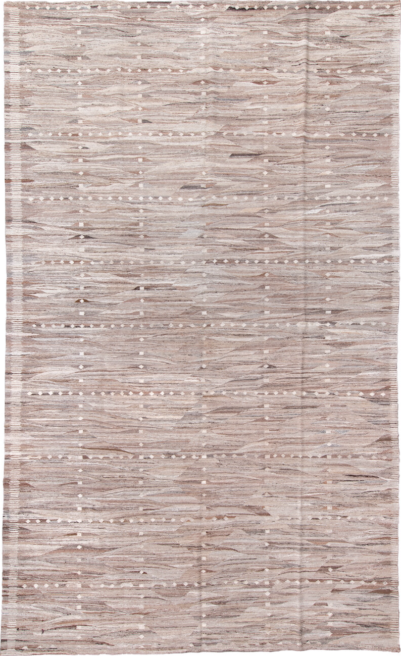 9' x 16' one-of-a-kind handmade vintage Kilim rug. Color palette: brown, gray, light gray, off-white, pink, silver