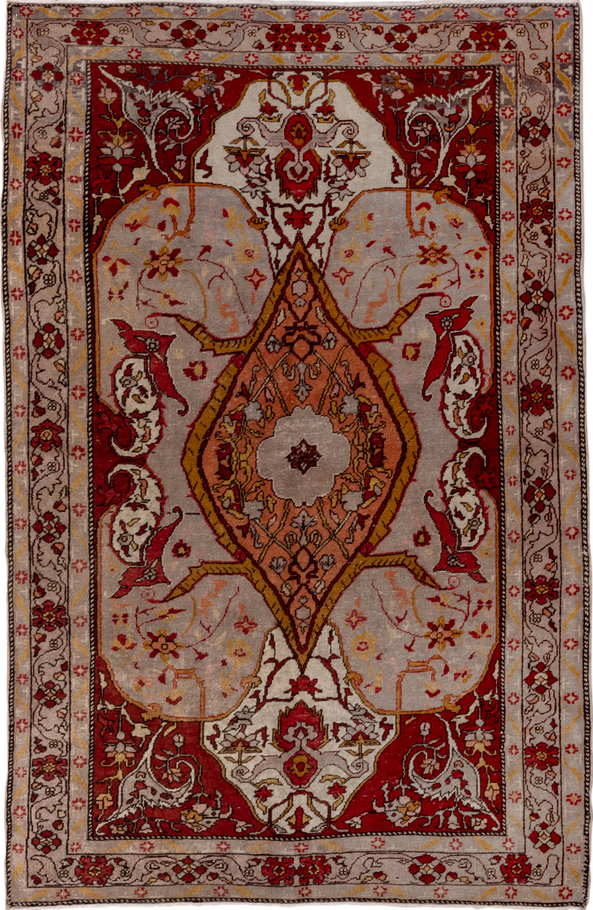 4' x 7' one-of-a-kind handmade vintage Oushak rug. Color palette: brown, gray, pink, red, redwood, saddle brown