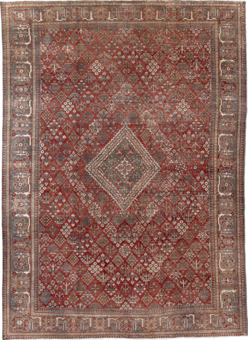 8' x 11' one-of-a-kind handmade vintage Joshegan large size rug. Color palette: brown, gray, light gray, off-white, pink