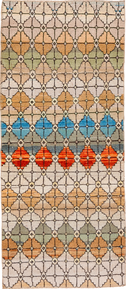 2' x 6' one-of-a-kind handmade vintage Oushak runner rug. Color palette: black, blue, brown, gray, light blue, light gray