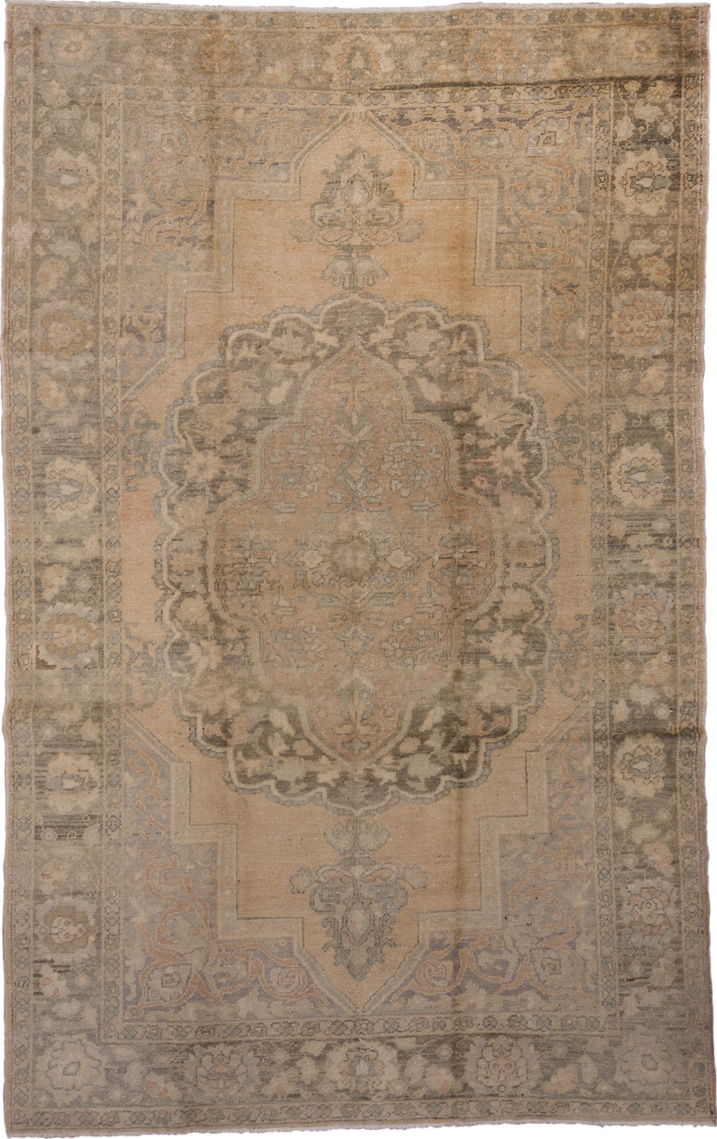 8' x 13' one-of-a-kind handmade vintage Oushak large size rug. Color palette: brown, gray, light gray, off-white