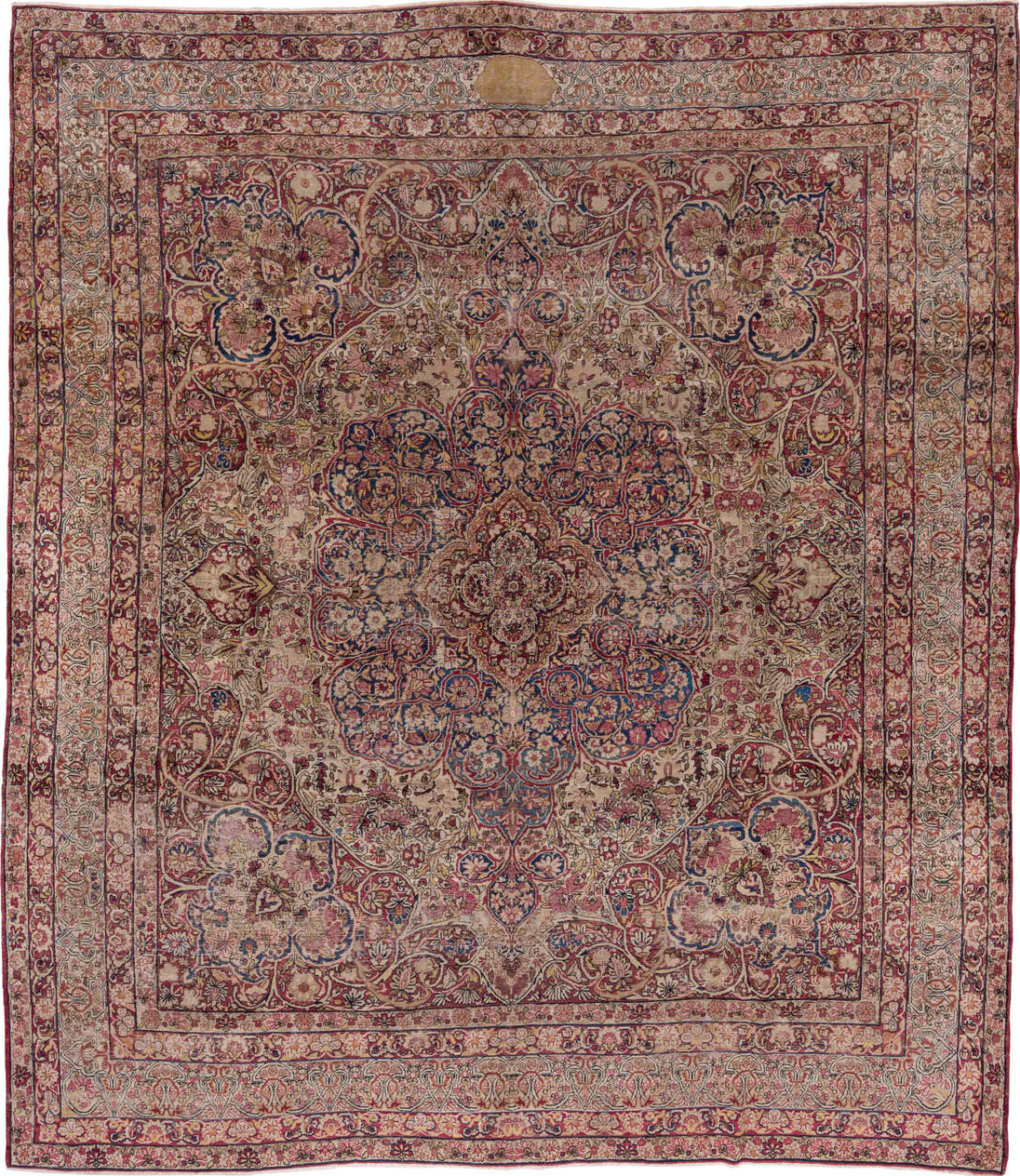 9' x 11' one-of-a-kind handmade vintage Lavar large size rug. Color palette: black, blue, brown, dim gray, gray, pink, red