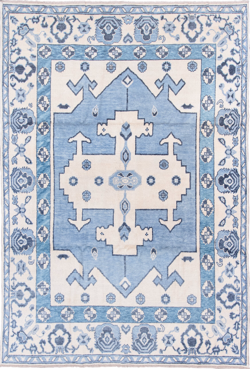 8' x 11' one-of-a-kind handmade vintage Oushak large size rug. Color palette: blue, fiord, floral white, gainsboro, gray
