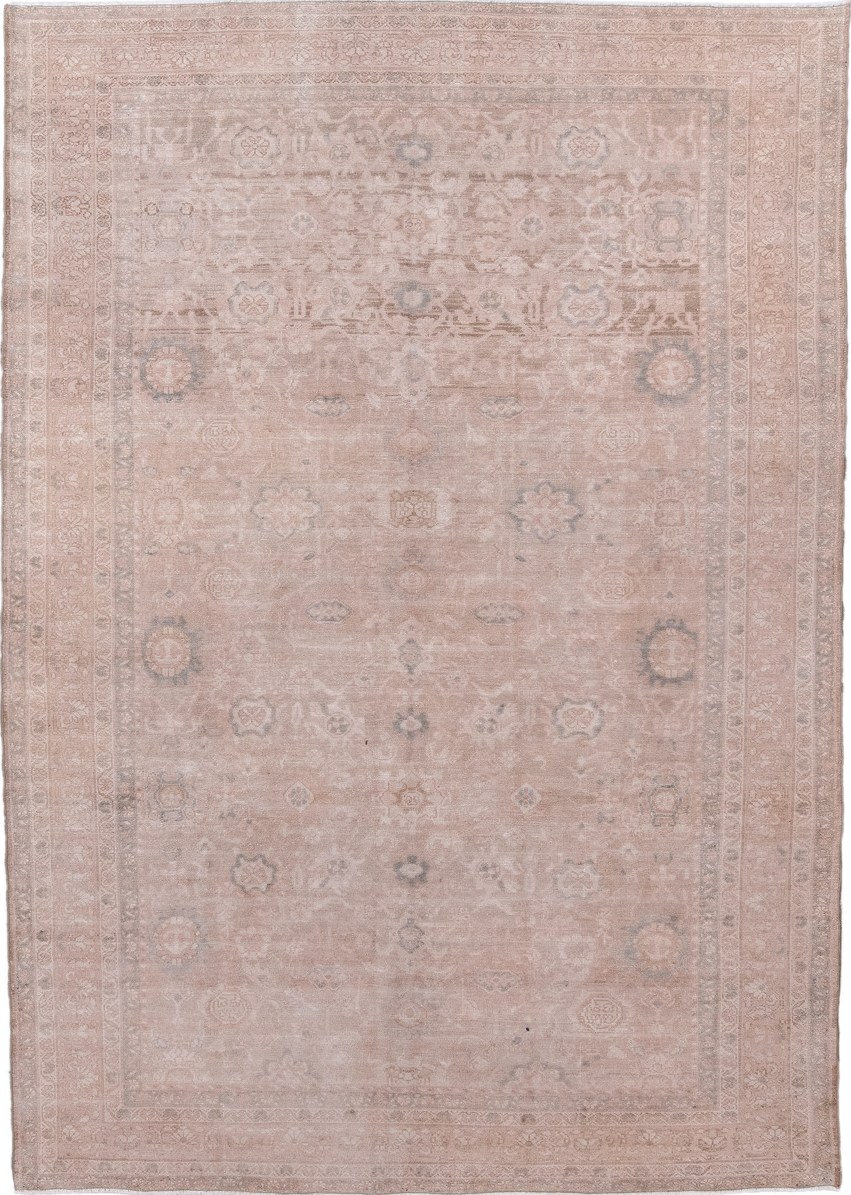 7' x 10' one-of-a-kind handmade vintage Malayer large size rug. Color palette: gray, light gray, off-white, pink