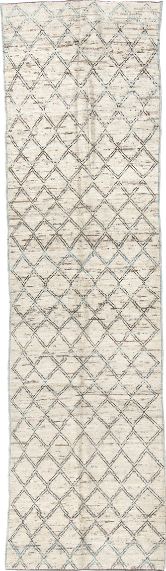 3' x 11' one-of-a-kind handmade vintage Tulu runner rug. Color palette: beige, black, dark gray, gray, light gray, linen