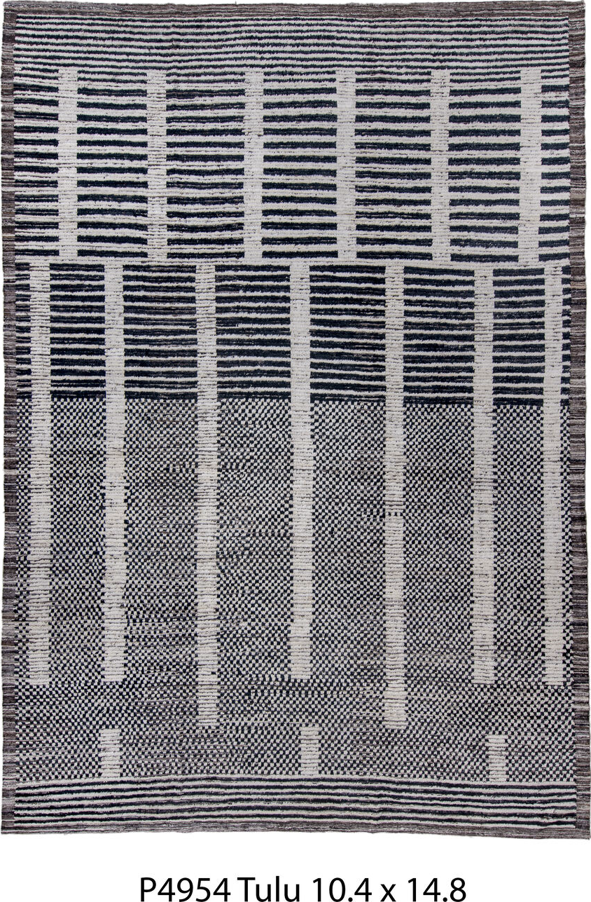 10' x 14' one-of-a-kind handmade vintage Tulu large size rug. Color palette: black, blue, charcoal, dark gray, dim gray
