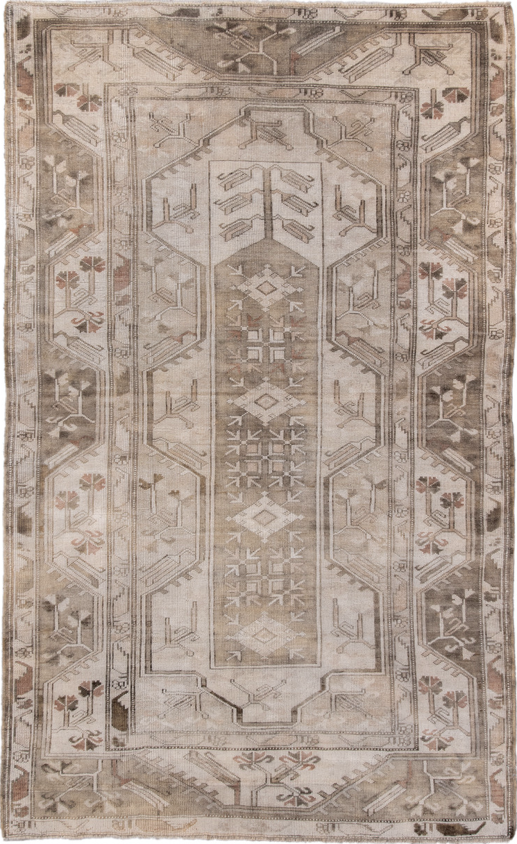 4' x 7' one-of-a-kind handmade vintage Oushak rug. Color palette: gray, light gray, off-white, pink, silver