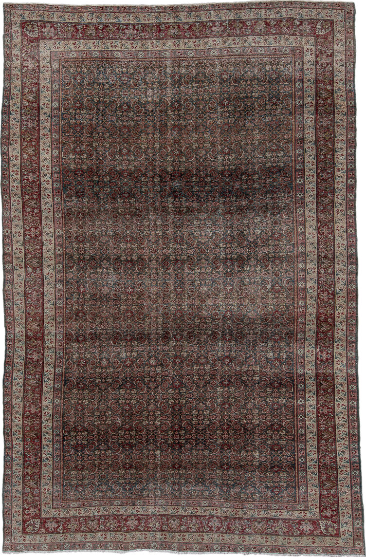 7' x 12' one-of-a-kind handmade vintage Bidjar large size rug. Color palette: black, brown, charcoal, gray, light gray, pink