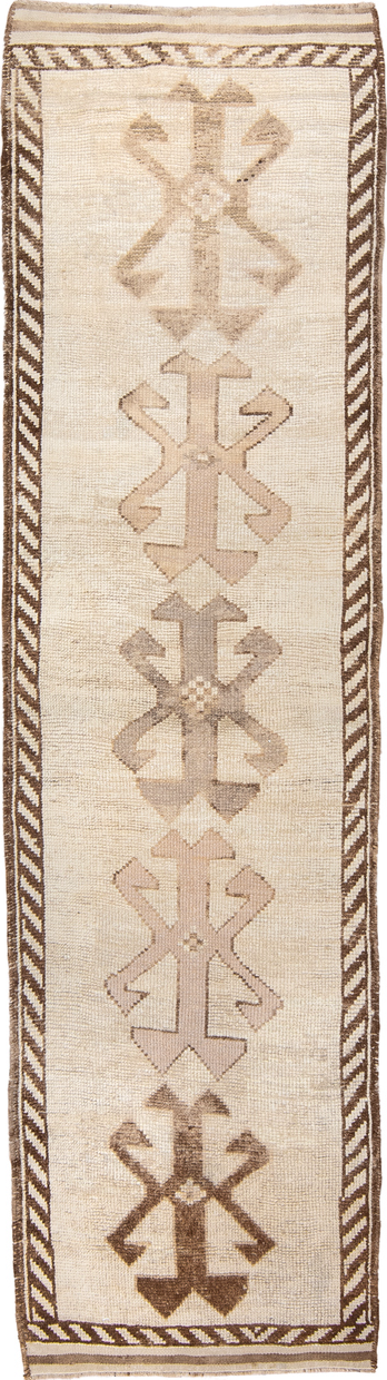 3' x 11' one-of-a-kind handmade vintage Kars runner rug. Color palette: antiquewhite, brown, gray, off-white, orange, pink