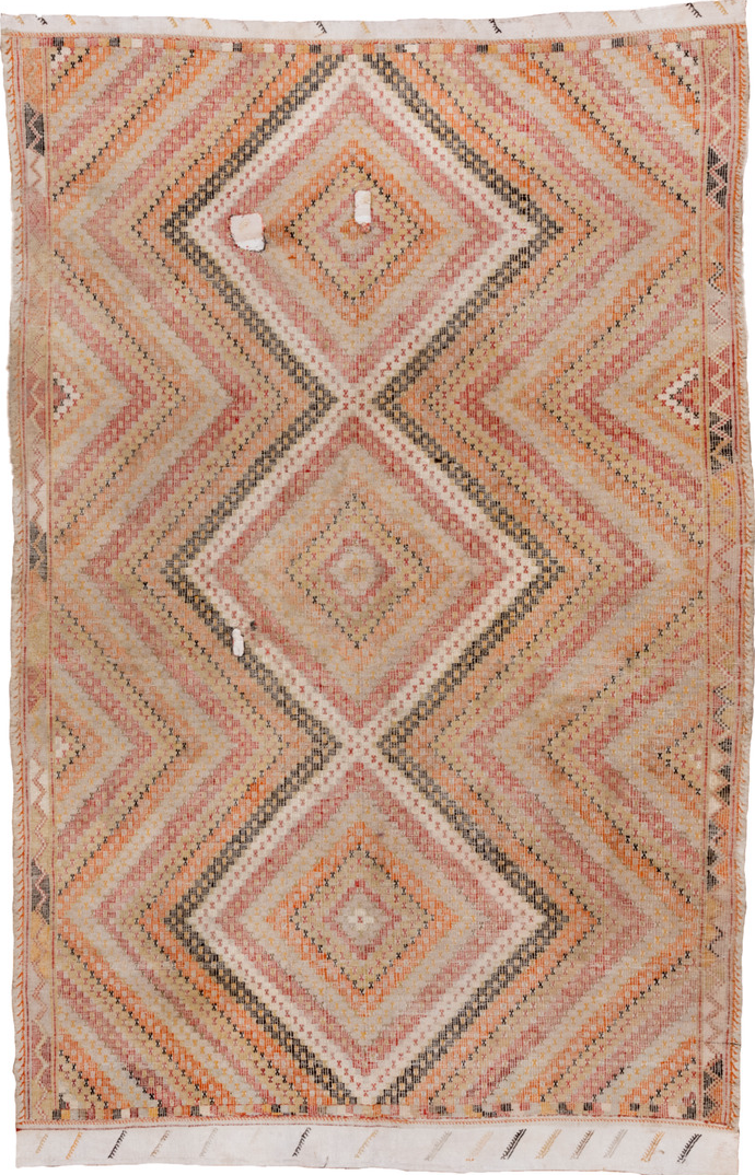5' x 8' one-of-a-kind handmade vintage Jijim medium size rug. Color palette: brown, gray, light gray, off-white, pink