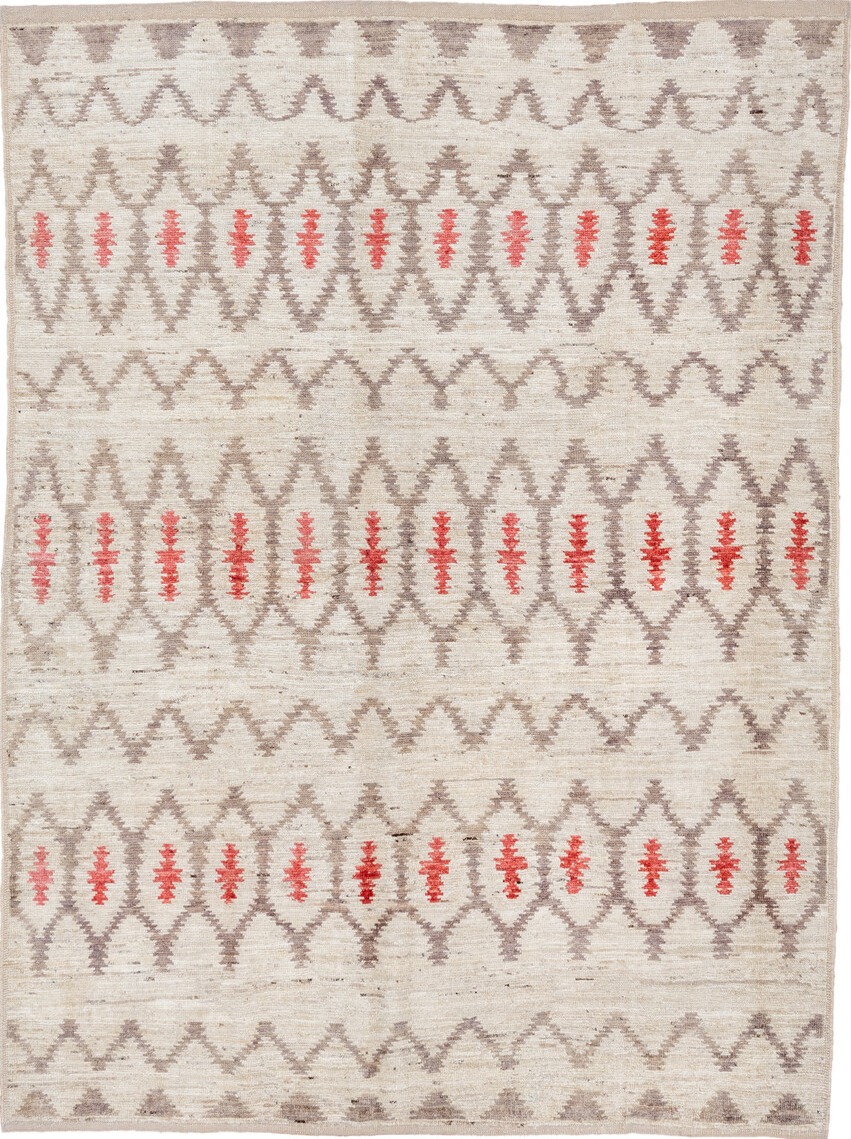 6' x 8' one-of-a-kind handmade vintage Tulu medium size rug. Color palette: brown, gray, light gray, linen, off-white, pink