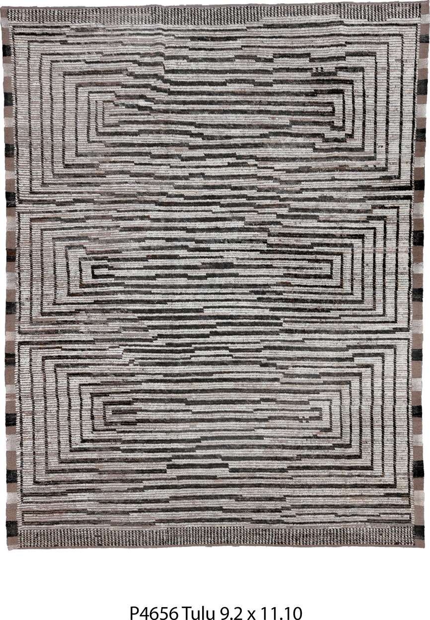 9' x 11' one-of-a-kind handmade vintage Tulu large size rug. Color palette: black, charcoal, dark gray, dim gray, gainsboro