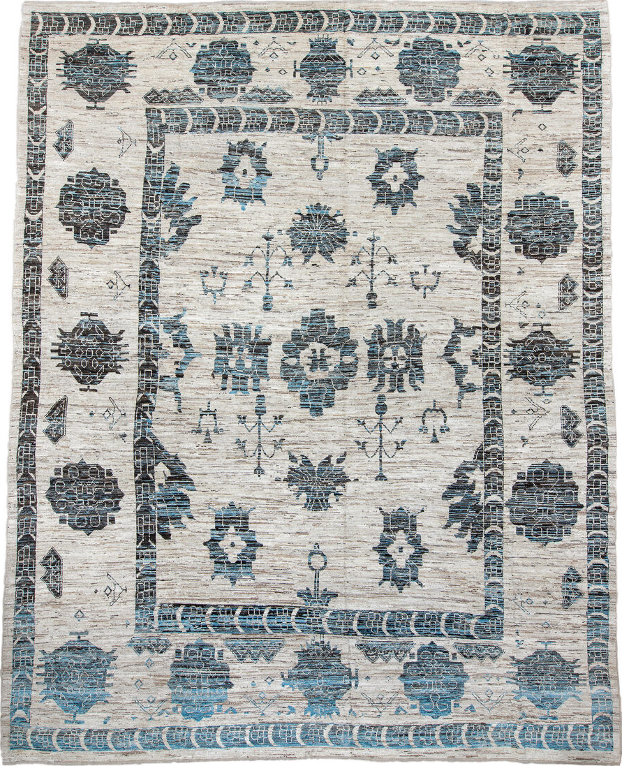 12' x 15' one-of-a-kind handmade vintage Tulu oversize rug. Color palette: black, blue, dark gray, dim gray, gainsboro, gray
