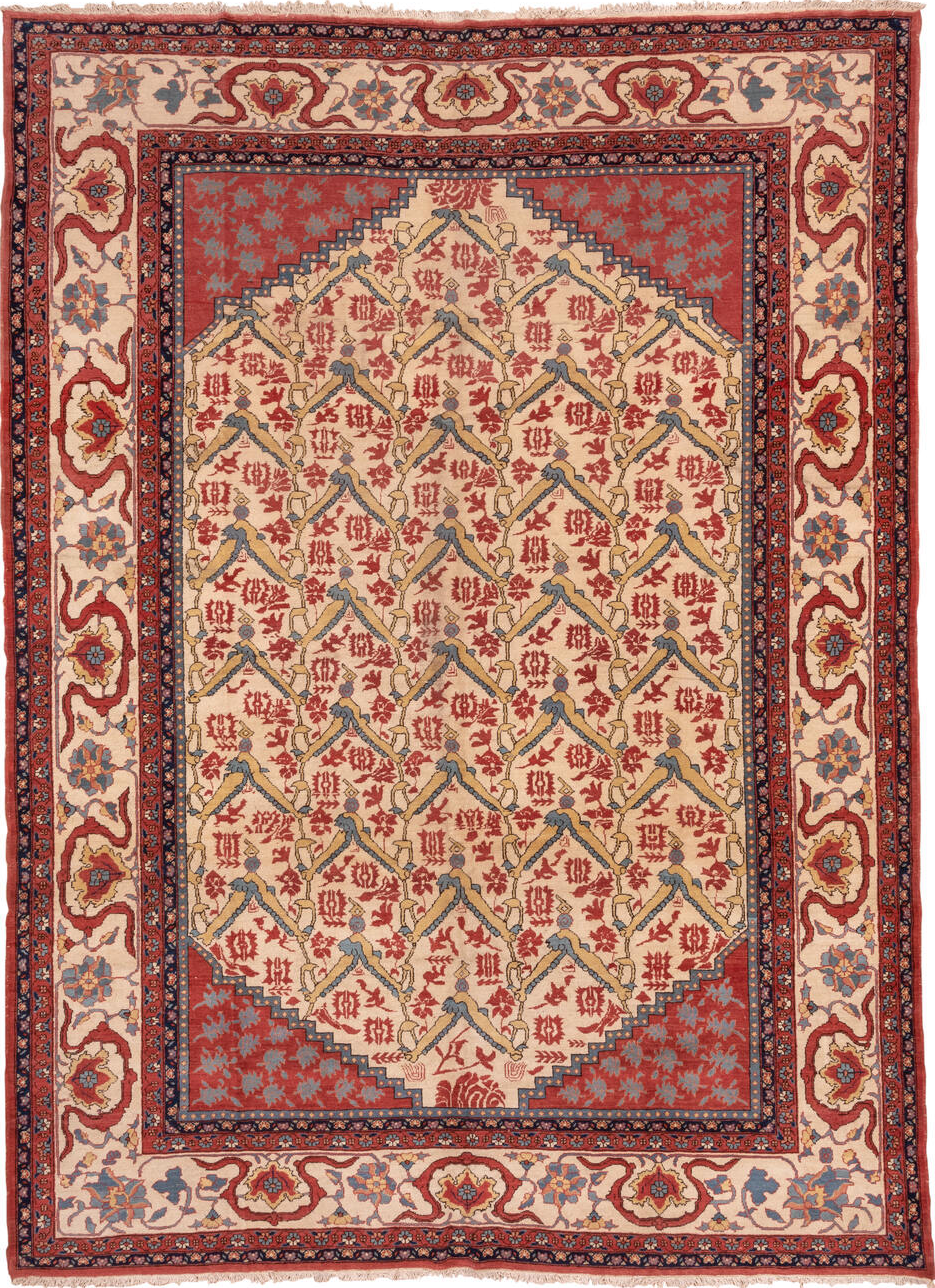10' x 14' one-of-a-kind handmade vintage Serapi large size rug. Color palette: red, brown, pink, gray, blue, orange