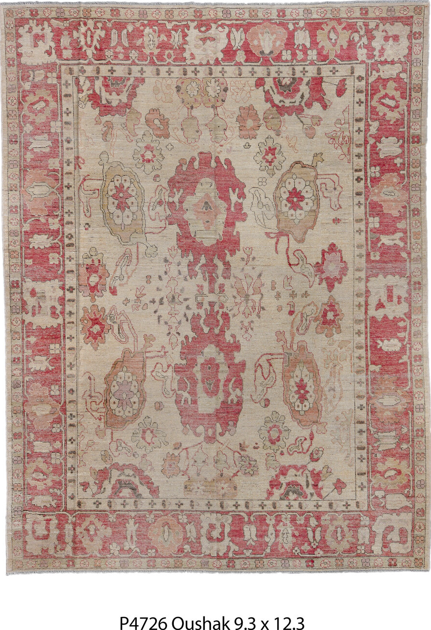 9' x 12' one-of-a-kind handmade vintage Oushak large size rug. Color palette: brown, gray, light gray, off-white, pink, red