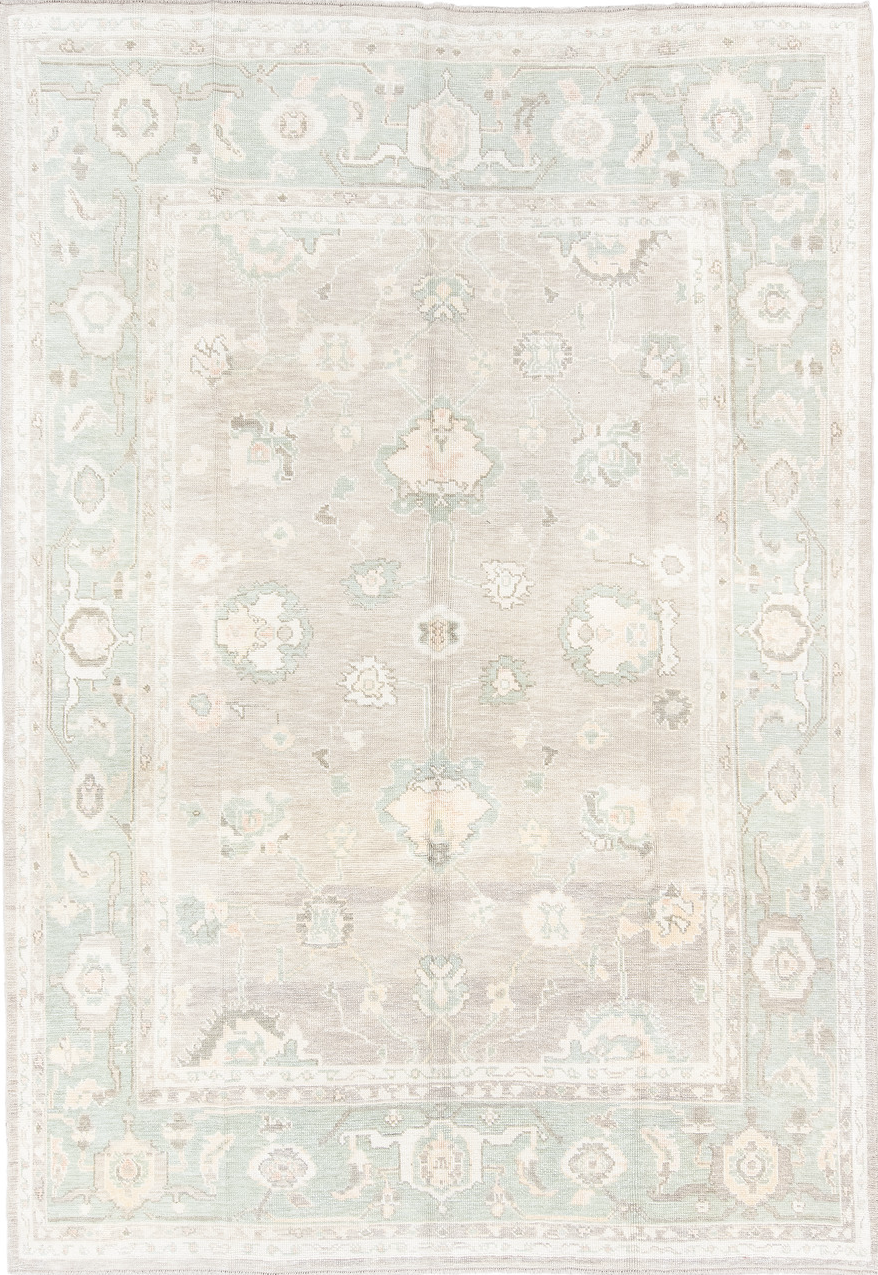 8' x 11' one-of-a-kind handmade vintage Oushak large size rug. Color palette: antiquewhite, beige, floral white, gray, ivory