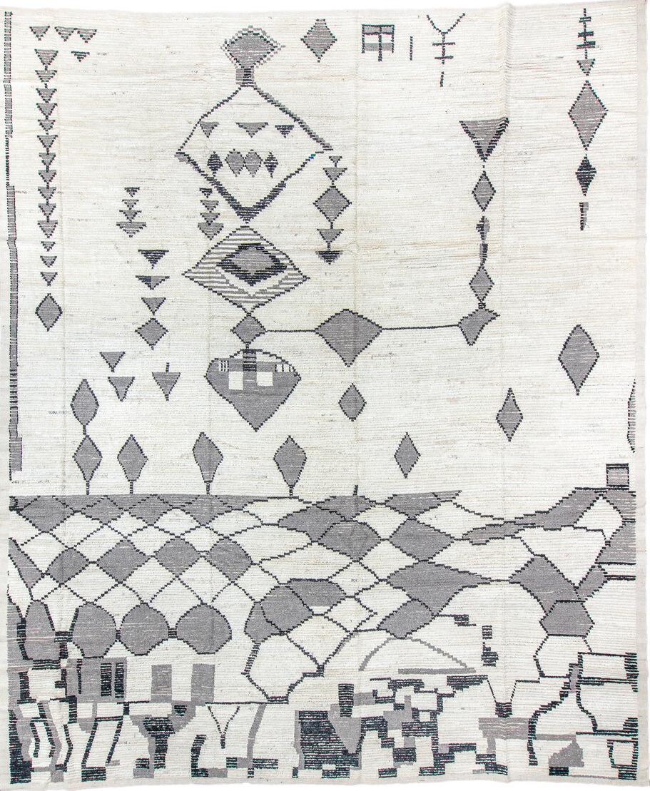 13' x 16' one-of-a-kind handmade vintage Tulu oversize rug. Color palette: blue, dark gray, dim gray, gainsboro, gray