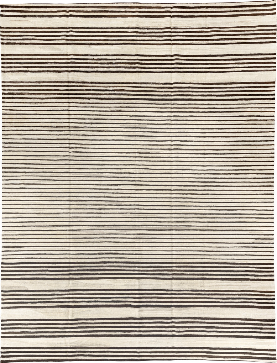 8' x 11' one-of-a-kind handmade vintage Kilim large size rug. Color palette: beige, black, brown, charcoal, dark gray, gray