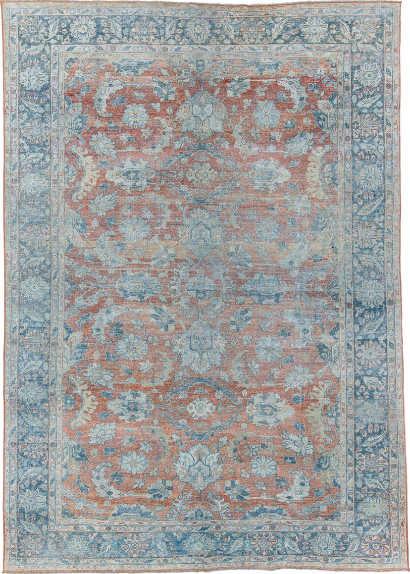 8' x 12' one-of-a-kind handmade vintage Mahal large size rug. Color palette: blue, brown, dark gray, gainsboro, gray