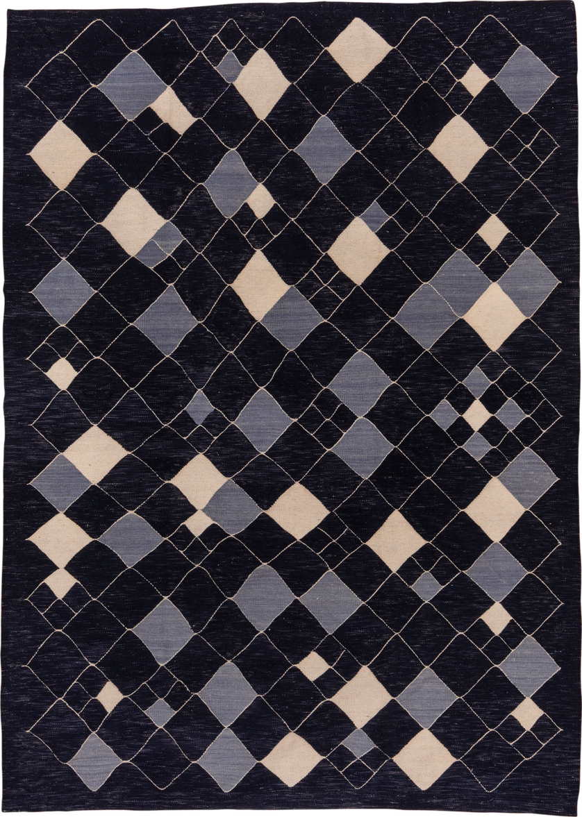 7' x 9' one-of-a-kind handmade vintage Kilim rug. Color palette: black, blue, brown, gray, light gray, off-white