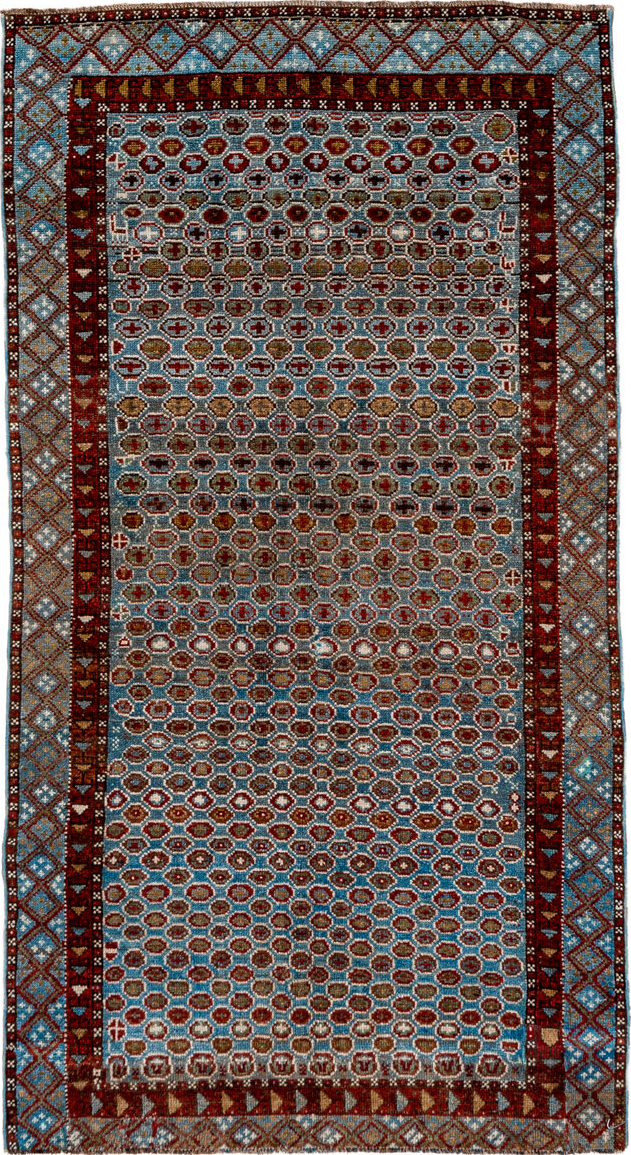3' x 6' one-of-a-kind handmade vintage Malayer small size rug. Color palette: arapawa, black, blue, brown, dark gray, gray