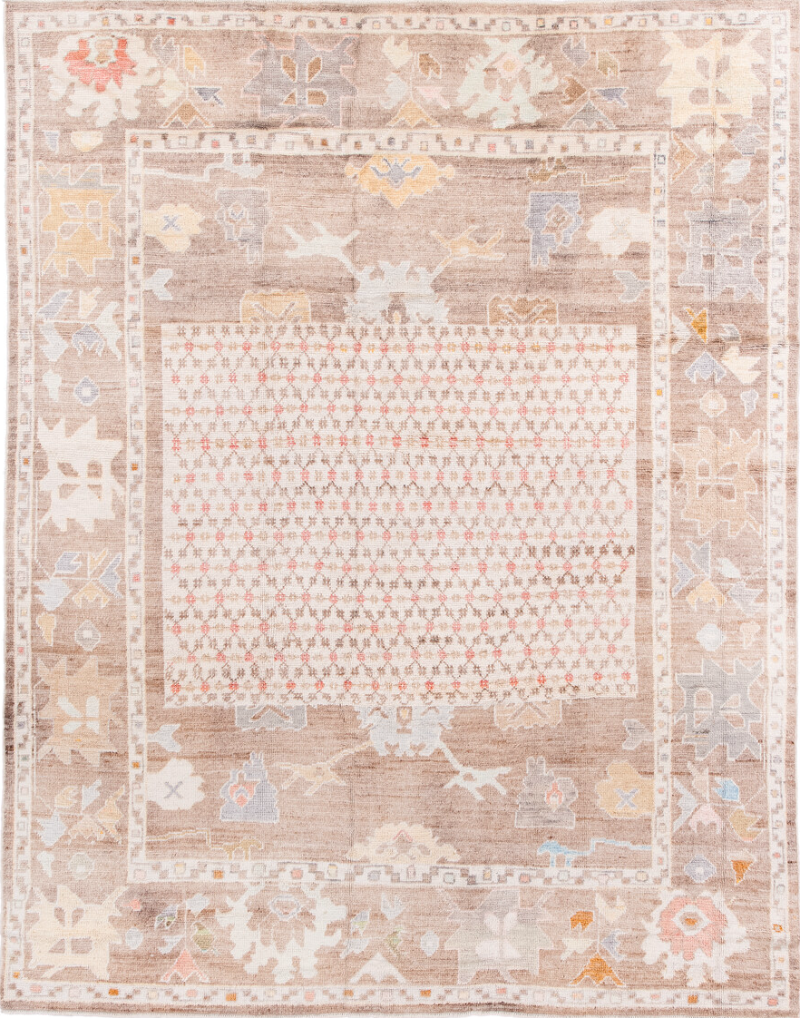 8' x 10' one-of-a-kind handmade vintage Oushak large size rug. Color palette: antiquewhite, brown, gray, light gray, linen