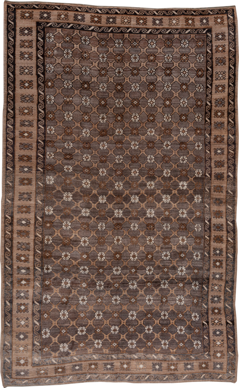 7' x 11' one-of-a-kind handmade vintage Kars large size rug. Color palette: black, brown, gray, light gray, off-white, pink