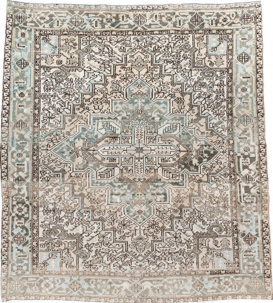 7' x 8' one-of-a-kind handmade vintage Heriz rug. Color palette: black, brown, gray, light gray, linen, off-white, pink