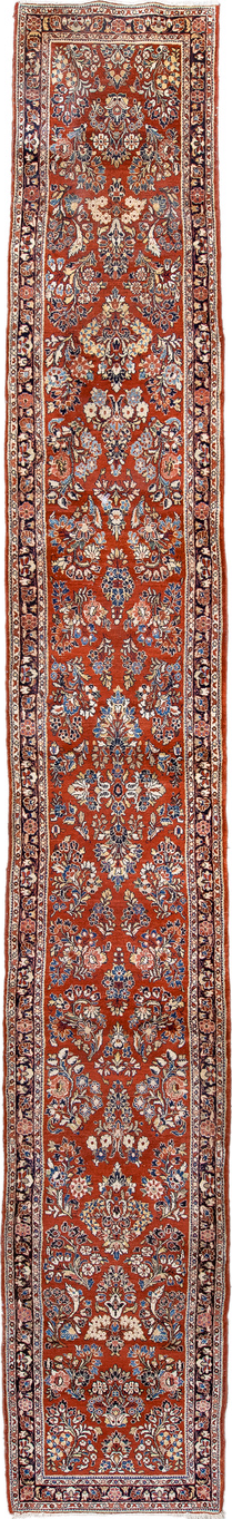 2' x 18' one-of-a-kind handmade vintage Sarouk runner rug. Color palette: blue, brown, gray, light gray, off-white, orange