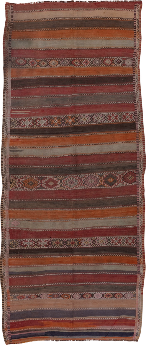 4' x 10' one-of-a-kind handmade vintage Jijim runner rug. Color palette: brown, gray, pink, red, redwood