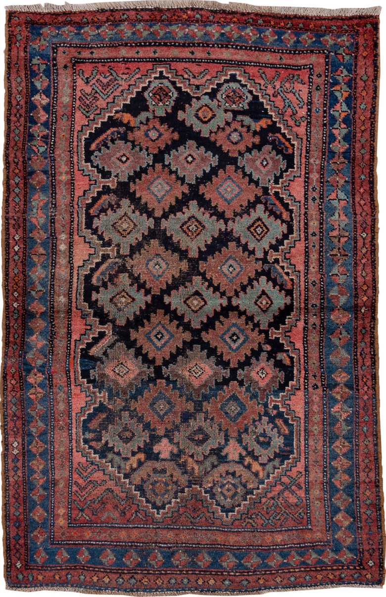 3' x 6' one-of-a-kind handmade vintage Malayer small size rug. Color palette: black, blue, brown, charcoal, dim gray, gray