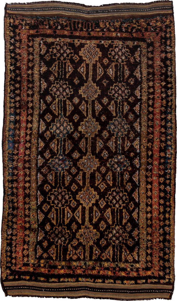 5' x 8' one-of-a-kind handmade vintage Ouzbek medium size rug. Color palette: black, blue, brown, gray, off-white, orange