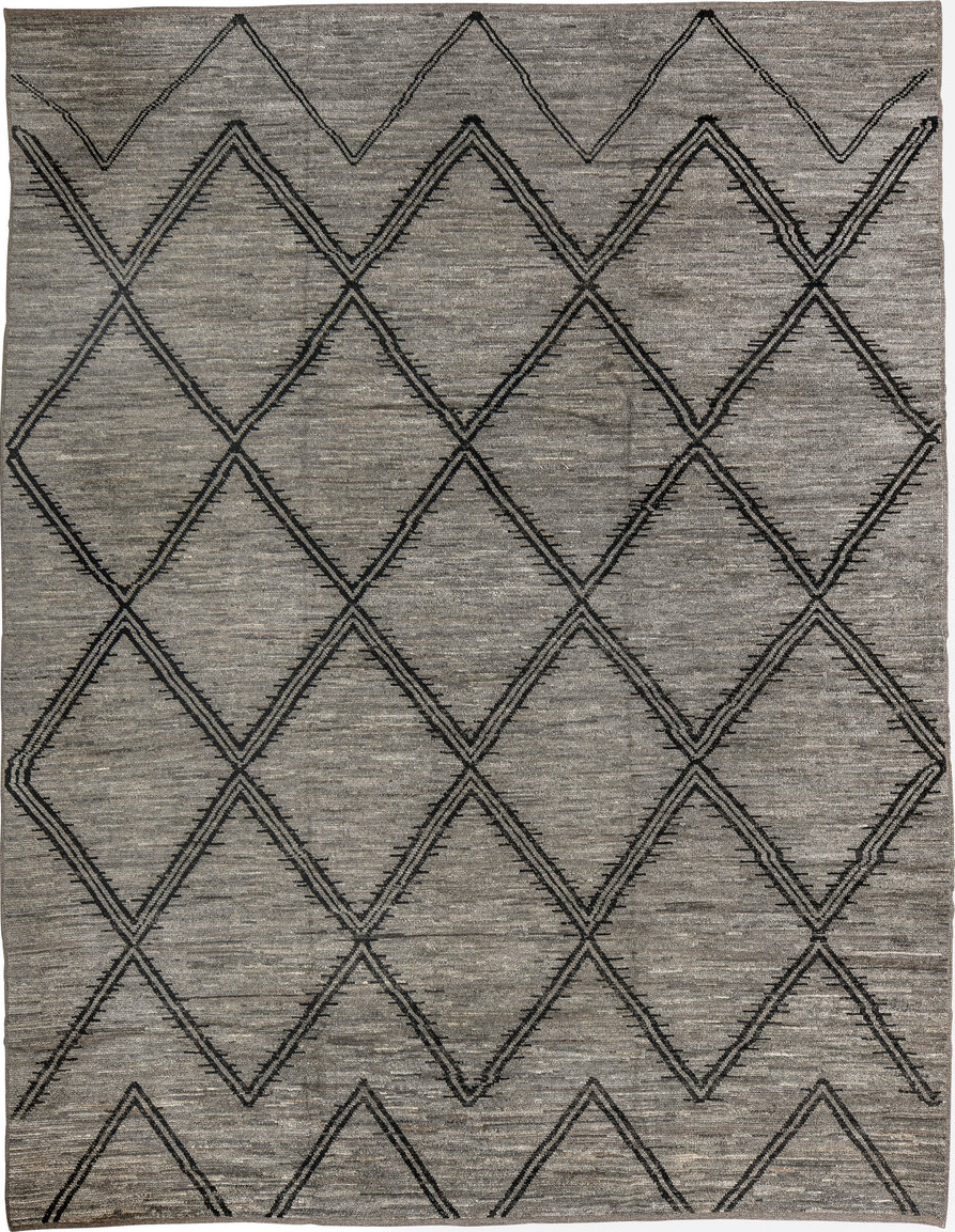 9' x 12' one-of-a-kind handmade vintage Tulu large size rug. Color palette: black, charcoal, dark gray, dim gray, gray