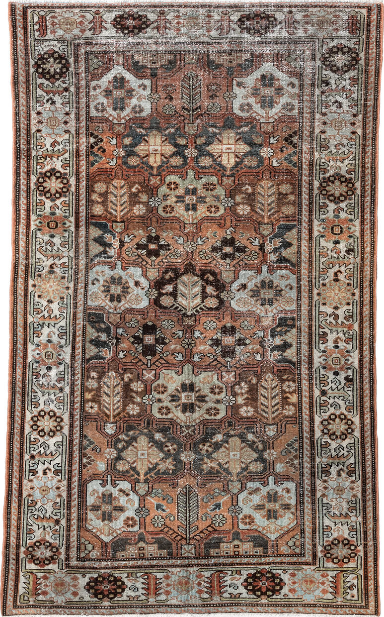 4' x 7' one-of-a-kind handmade vintage Baktiary rug. Color palette: black, brown, gray, light gray, off-white, pink, red