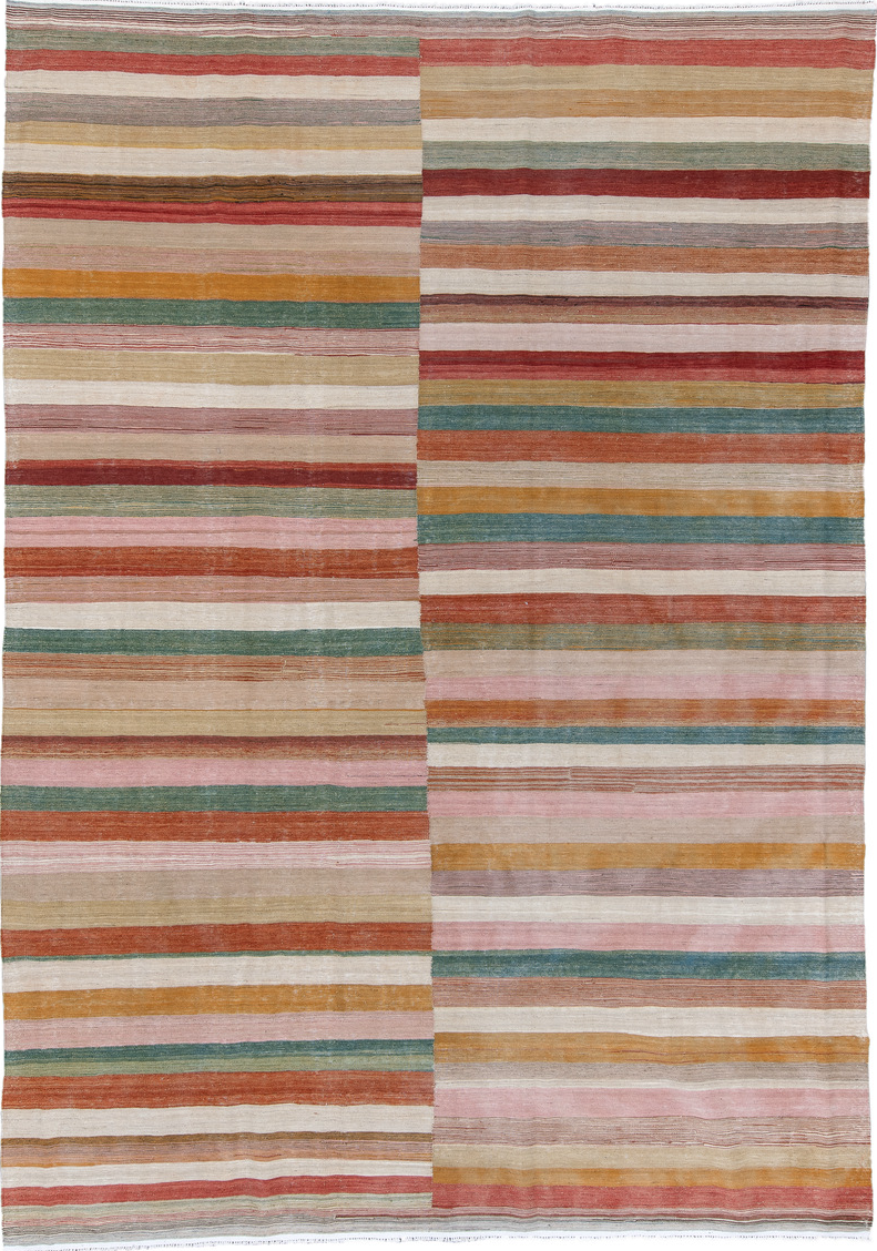 8' x 11' one-of-a-kind handmade vintage Kilim large size rug. Color palette: brown, gray, light gray, off-white, pink