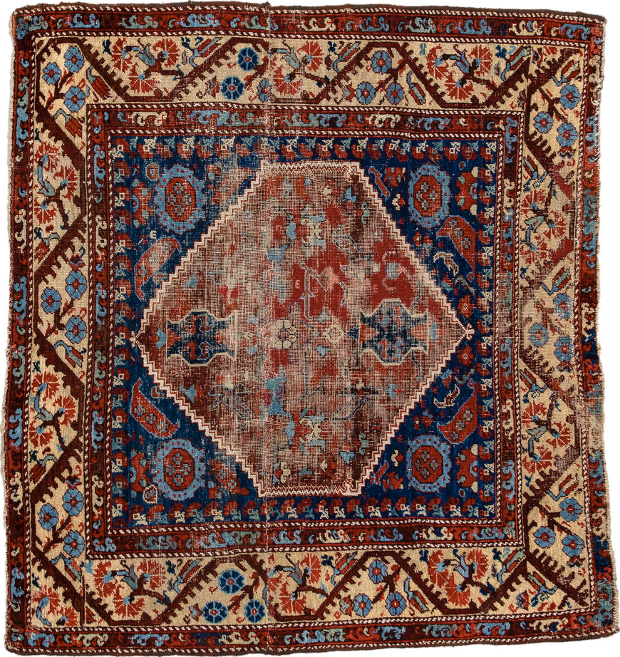 4' x 4' one-of-a-kind handmade vintage Anatol small size rug. Color palette: blue, brown, gray, off-white, orange, pink, red