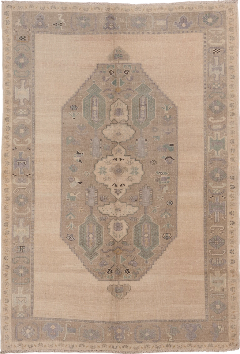 6' x 8' one-of-a-kind handmade vintage Oushak medium size rug. Color palette: brown, gray, light gray, off-white, orange