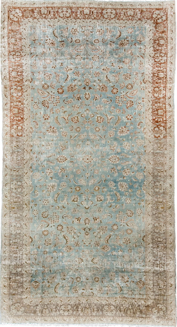 10' x 18' one-of-a-kind handmade vintage Kashan rug. Color palette: brown, dark gray, gainsboro, gray, light gray, off-white