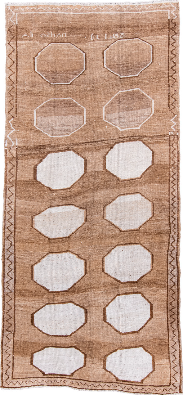5' x 11' one-of-a-kind handmade vintage Kars rug. Color palette: brown, gainsboro, gray, light gray, linen, misty rose