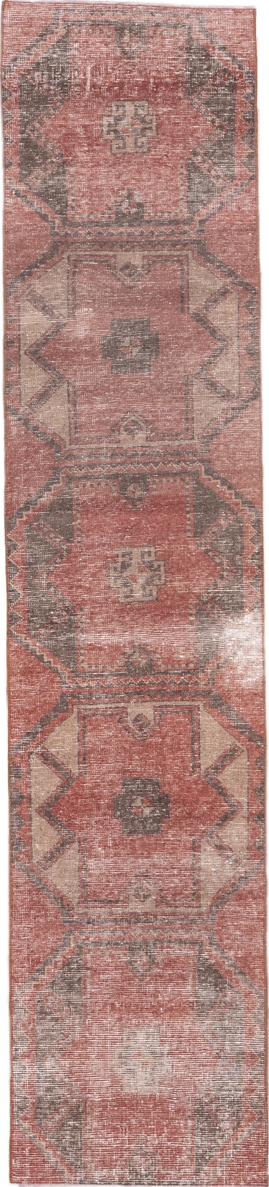 2' x 10' one-of-a-kind handmade vintage Oushak runner rug. Color palette: brown, gray, light gray, off-white, pink, red