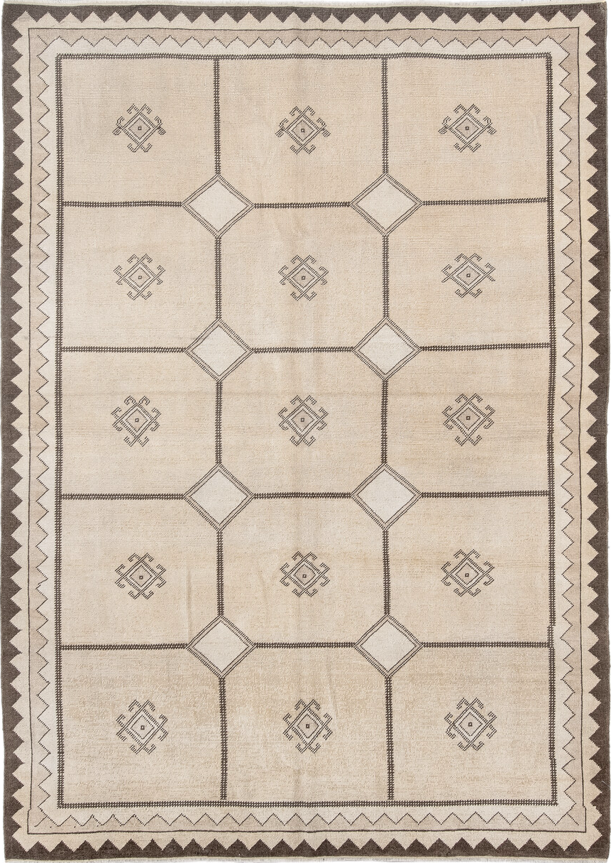 5' x 8' one-of-a-kind handmade vintage Anatol medium size rug. Color palette: antiquewhite, brown, gray, light gray, linen