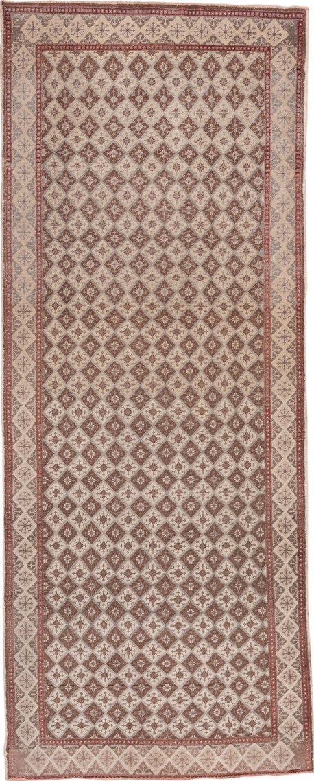 3' x 9' one-of-a-kind handmade vintage Oushak runner rug. Color palette: brown, gray, light gray, off-white, pink
