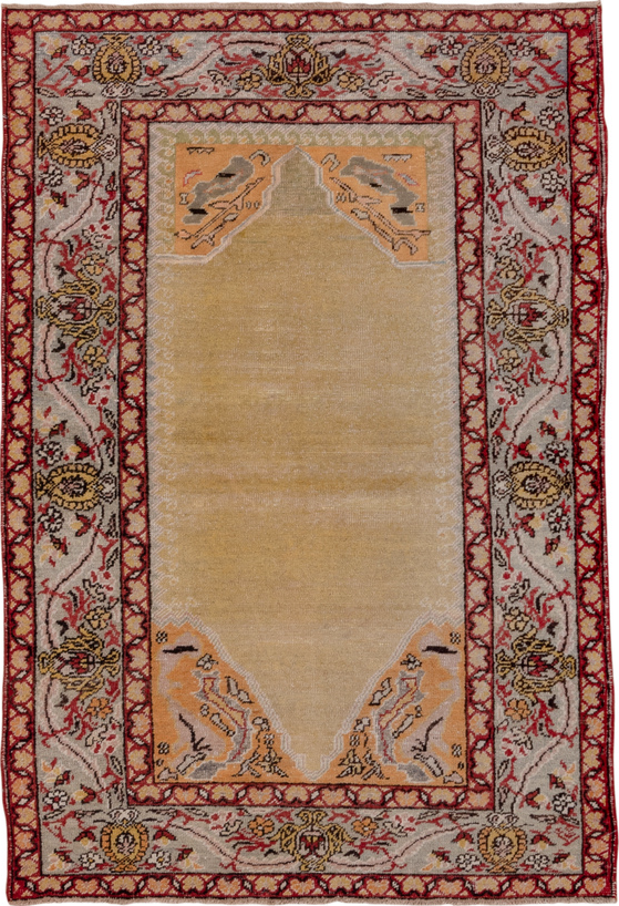 4' x 5' one-of-a-kind handmade vintage Oushak small size rug. Color palette: brown, gray, pink, red