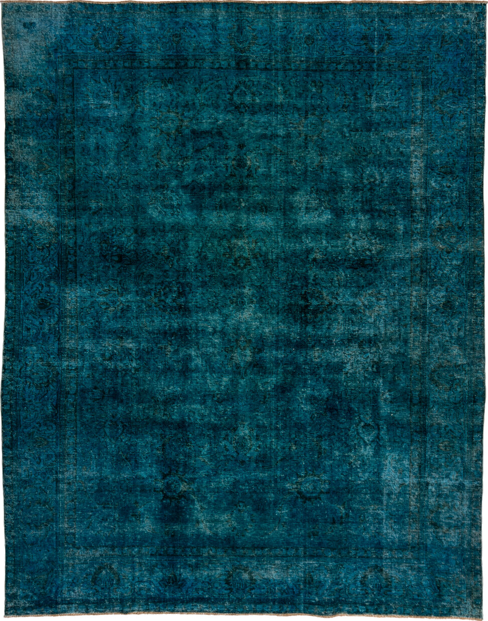 10' x 12' one-of-a-kind handmade vintage Overdyed large size rug. Color palette: blue, cadet blue, dark slate gray, gray