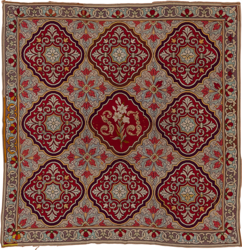 6' x 6' one-of-a-kind handmade vintage Needlepoint rug. Color palette: brown, gray, red