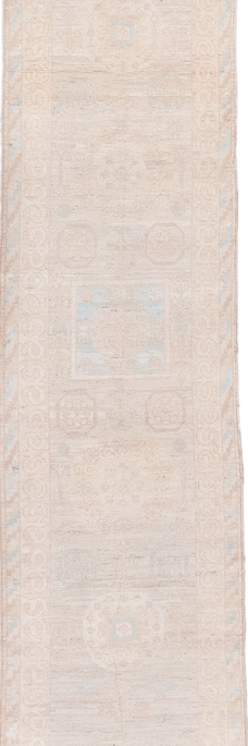2' x 16' one-of-a-kind handmade vintage Khotan runner rug. Color palette: antiquewhite, gainsboro, gray, light gray, linen